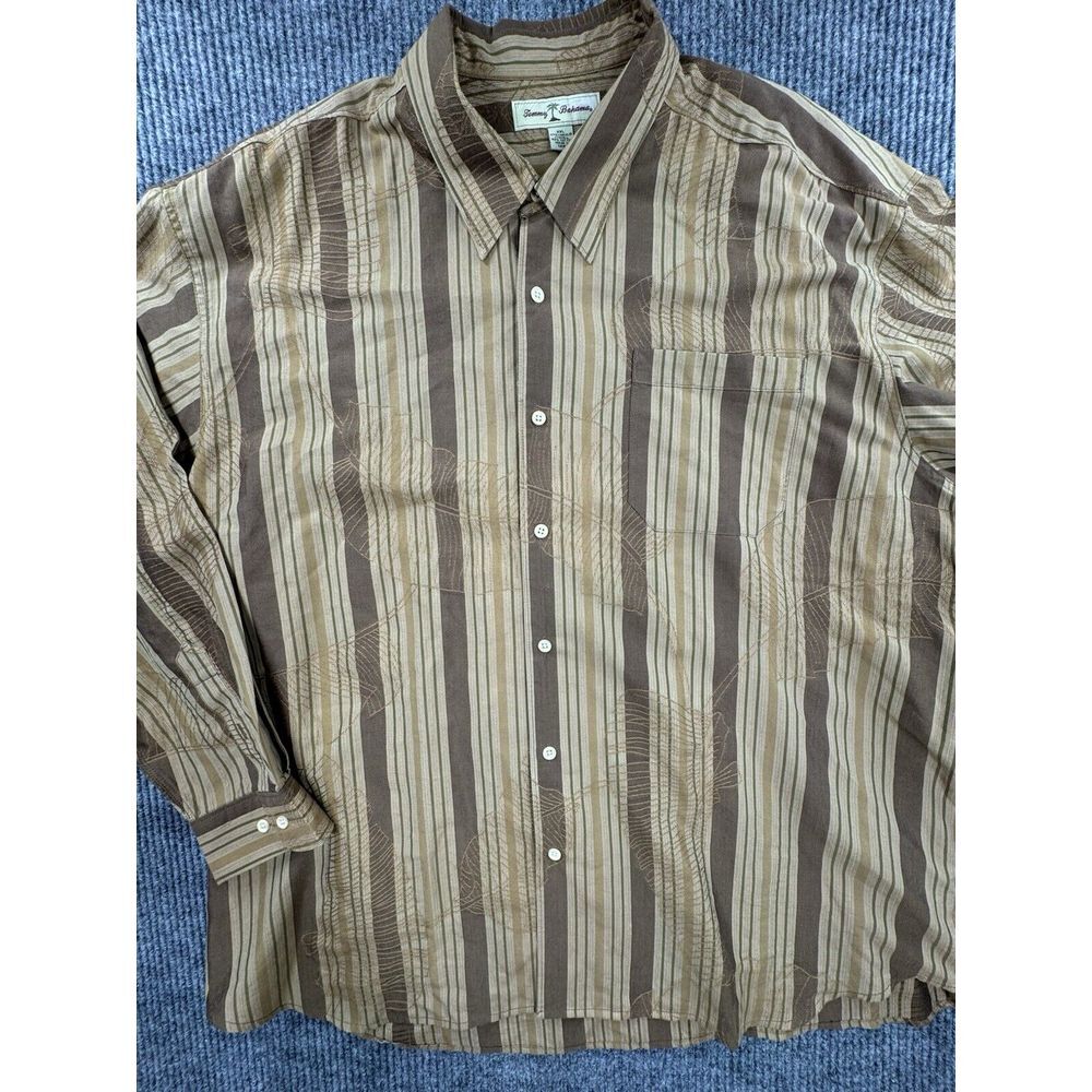 Tommy Bahama Shirt Mens XXL Brown Camp Hawaiian Button‎ Up Etched Design Lyocell